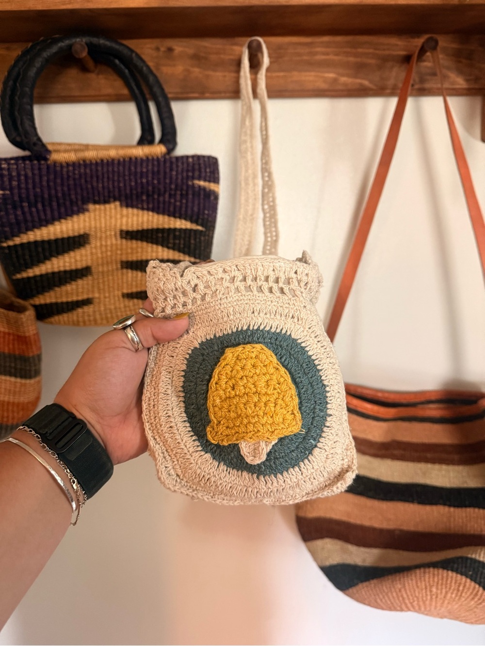 Cream Crochet Crossbody Bag with Mushroom Accent